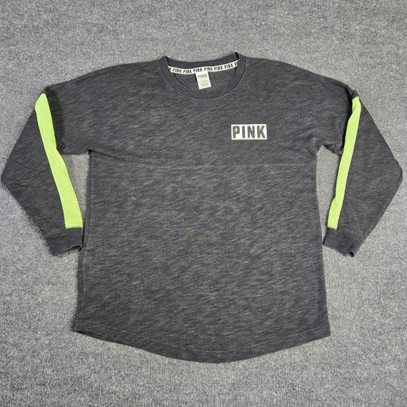 PINK Victoria's Secret Tops - PINK Sweatshirt Women Small Campus Varsity Pullover Gray Neon Mesh Logo Graphic